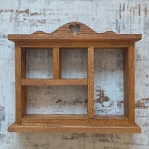 Vintage Golden Oak Trinket Shelf Heart Cutout Cottage Core Rustic 80s 90s READ